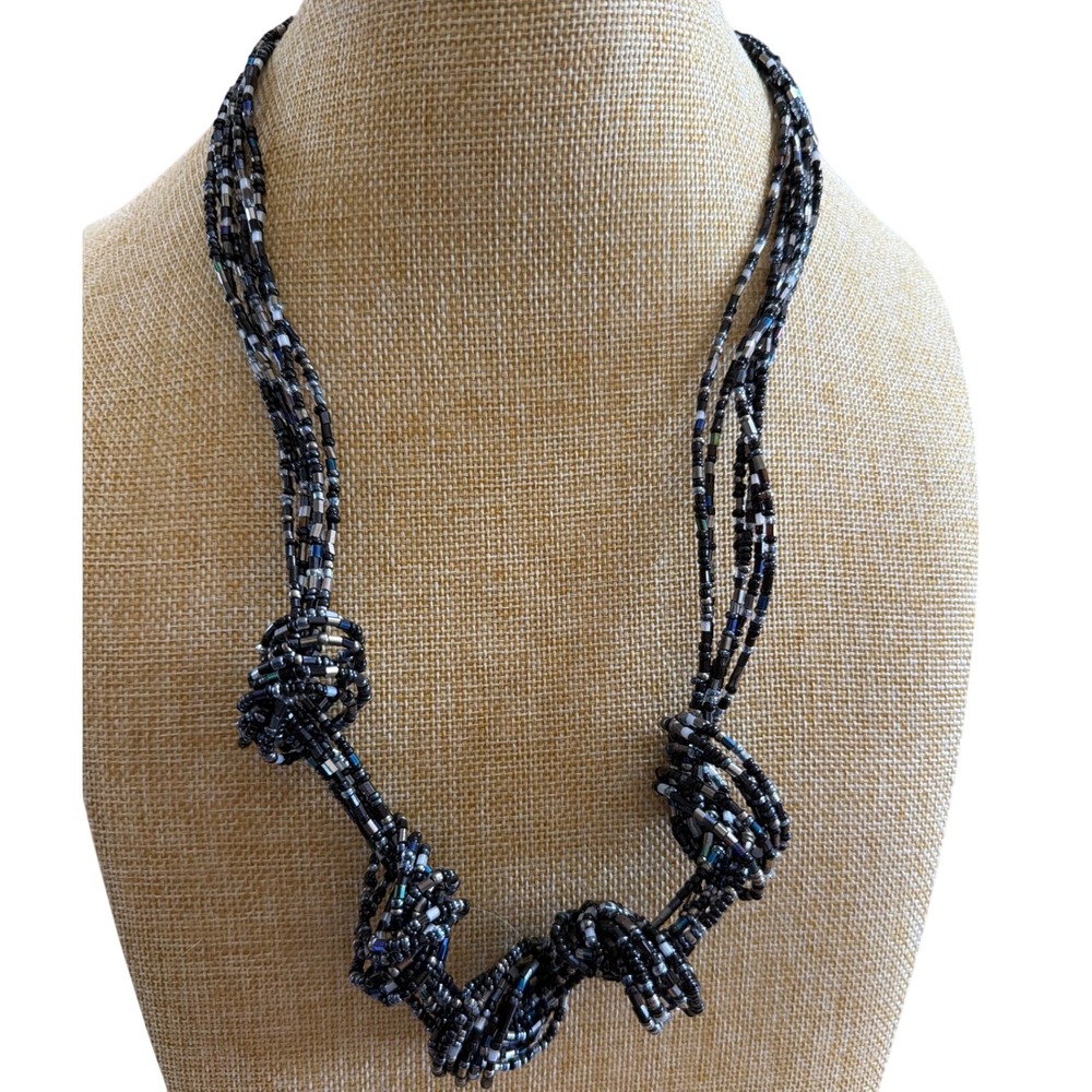 Multi Strand Knotted Seed Bead Necklace Black Silver Iridescent Boho Statement